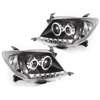 Pair Headlights To Suit Toyota Hilux LED Black Projector Angel Eye DRL Clear Halo 05-11 